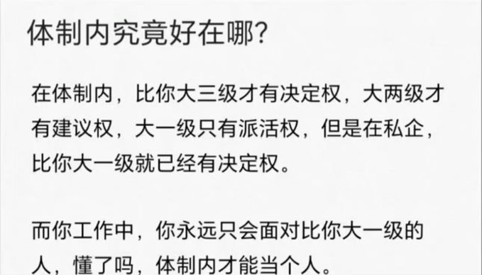 A Chinese text image posing the question '体制内究竟好在哪?' (Where exactly is the benefit of being within the system?), explaining the hierarchy of decision-making power and suggesting that only within the system can one truly be treated as a person.