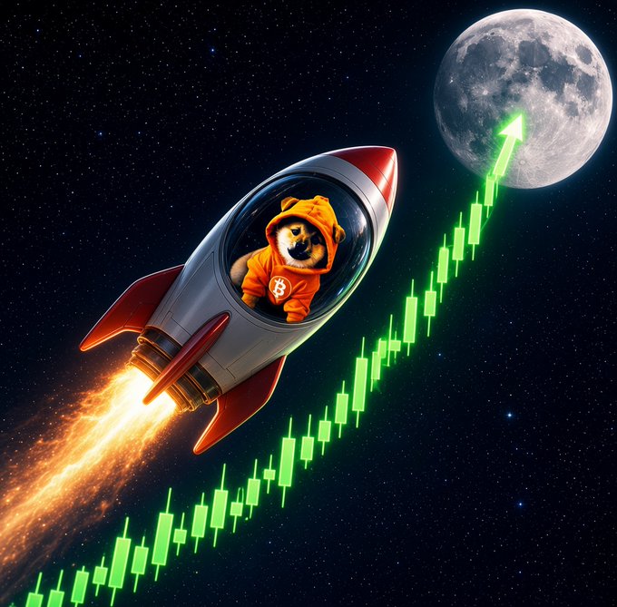 A vibrant digital artwork of a Shiba Inu dog wearing an orange Bitcoin hoodie, piloting a rocket ship through space past the moon, alongside a rising green crypto candlestick chart with an upward arrow.