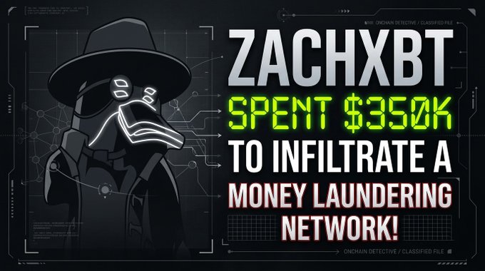 A YouTube thumbnail featuring a stylized plague doctor mask with text reading 'ZACHXBT SPENT $350K TO INFILTRATE A MONEY LAUNDERING NETWORK!'.