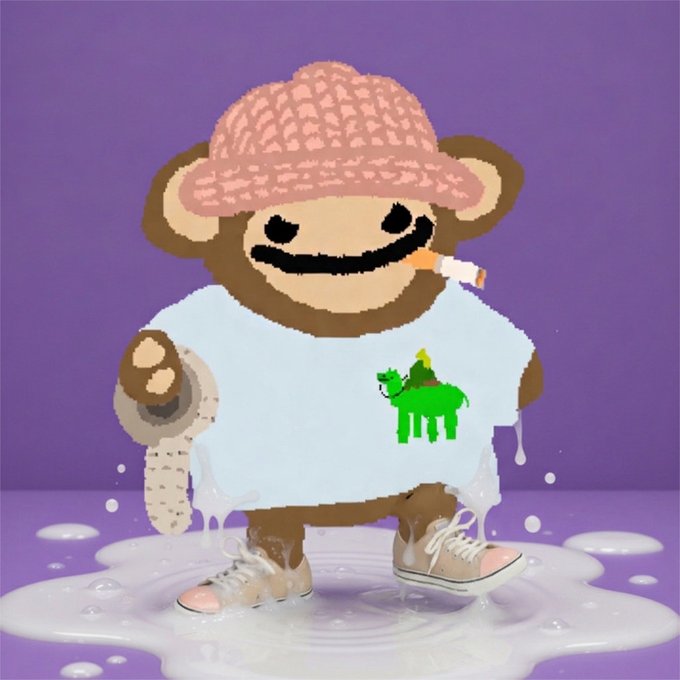 A cartoon-style illustration of a brown bear-like character wearing a pink bucket hat, light blue t-shirt with a green animal graphic, and sneakers, holding a cigarette while standing in a puddle of milk against a purple background.