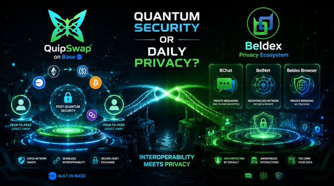 A digital graphic compares 'QuipSwap on Base' and 'Beldex Privacy Ecosystem', asking 'Quantum Security or Daily Privacy?' and showing features like BChat, BelNet, and Beldex Browser.