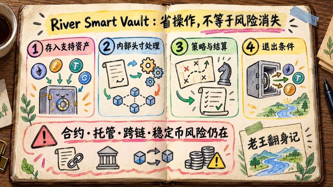 An illustrated notebook-style infographic titled 'River Smart Vault' with Chinese text (省操作，不等于风险消失), outlining four steps—depositing assets, internal processing, strategy execution, and exit conditions—while warning that smart contract and stablecoin risks remain.