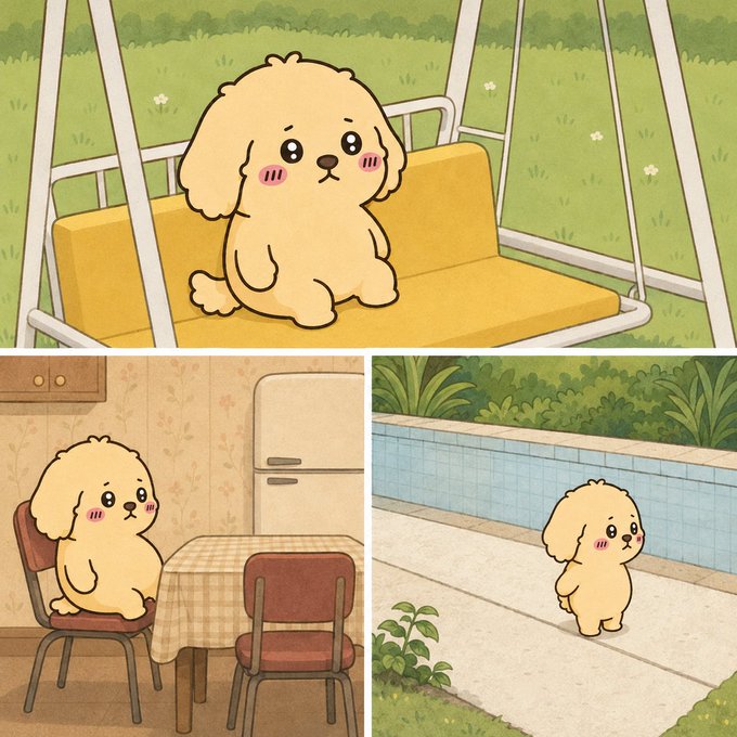 A three-panel illustration shows a cute, fluffy beige puppy in different settings: sitting on a yellow swing outdoors, sitting alone at a dining table with a refrigerator in the background, and standing outdoors near a tiled wall.