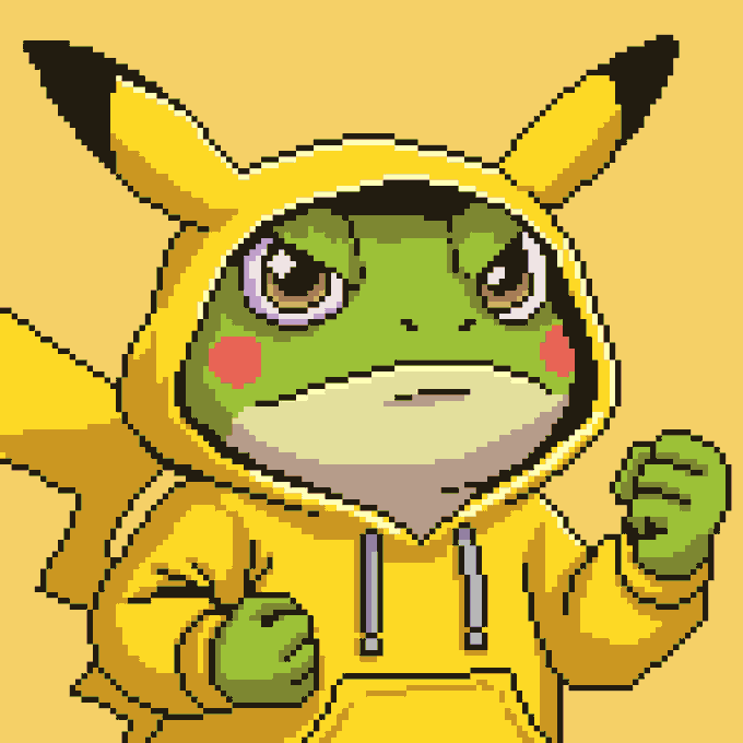 A pixel art illustration of a green frog wearing a yellow Pikachu hooded onesie with its fists raised in a determined pose.