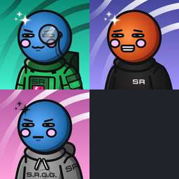 A digital illustration showing a grid of three cartoon astronaut-like characters with 'S.A.G.G.' on their suits against colored backgrounds.