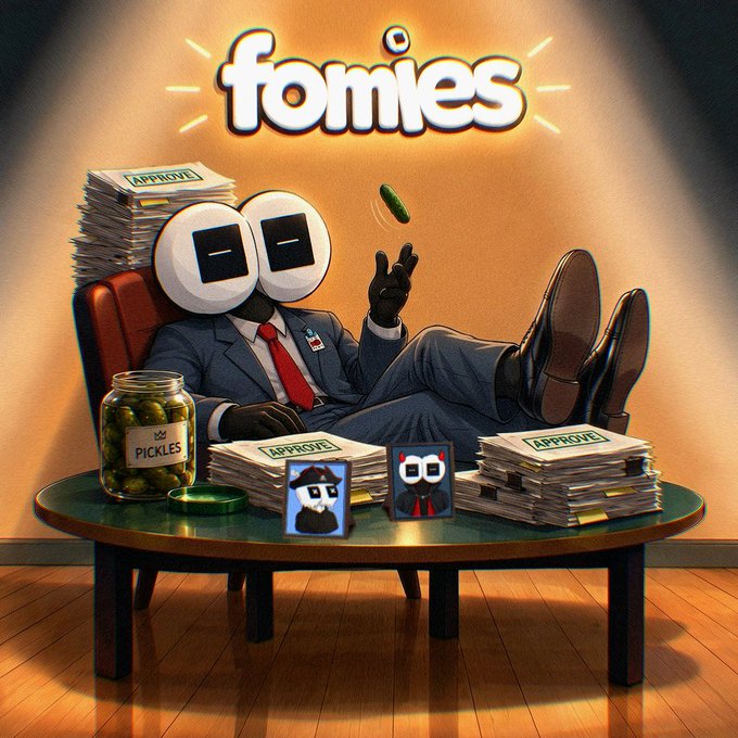 Stylized 3D illustration titled 'fomies' depicting a character with blocky '=-' eyes, wearing a suit and red tie, lounging with feet up on a table piled with 'APPROVE' paperwork next to a jar of pickles.