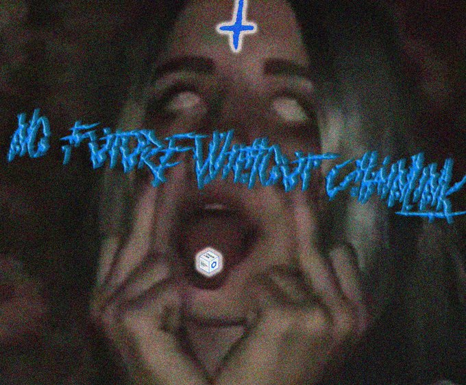 A dark, blurred image with a woman's face barely visible in the background, overlaid with blue graffiti-style text reading 'No Thank You' and a small cross above.