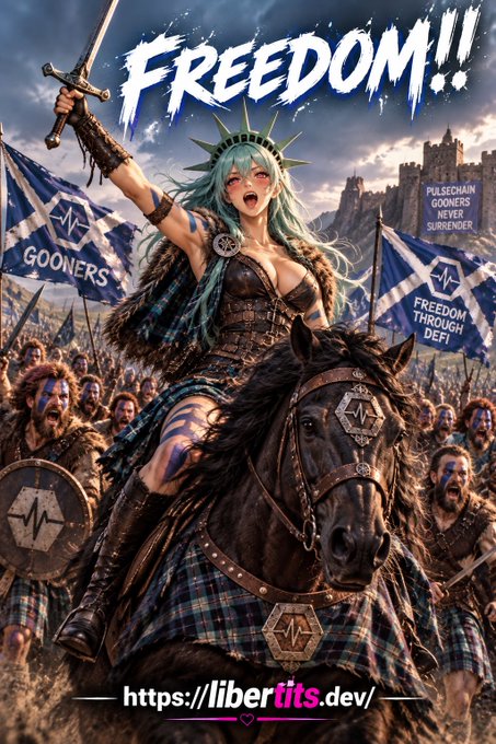 The image is a stylized poster depicting a woman with teal hair, wearing a Statue of Liberty crown and corset, holding a sword aloft while riding a black horse, surrounded by warriors in plaid kilts waving "GOONERS" and "FREEDOM THROUGH DEFI" banners. The word "FREEDOM!!" is emblazoned at the top, and the URL "https://libertits.dev/" appears at the bottom. The image ties directly to the post by visually rallying the #PulseChain Gooner community with patriotic, defiant imagery tied to the "MakePulseChainFunAgain" call to action.