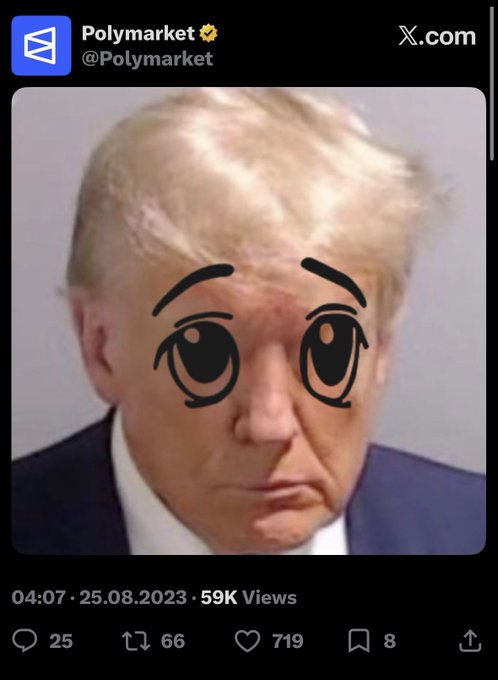 A Polymarket Twitter post featuring a mugshot of Donald Trump with large, cartoonish sad eyes digitally drawn over his face.