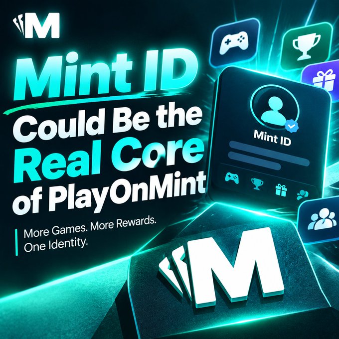 A promotional graphic for 'Mint ID' with the tagline 'Could Be the Real Core of PlayOnMint - More Games. More Rewards. One Identity.' featuring a futuristic blue neon design with gaming icons.