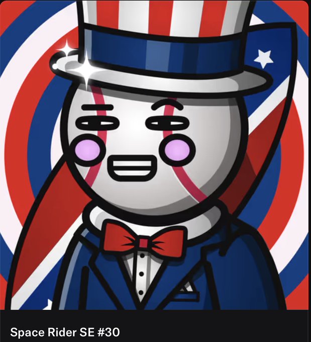 A cartoon character avatar labeled 'Space Rider SE #30', depicting a round smiling figure wearing a red, white, and blue Uncle Sam top hat with a matching bow tie and suit against a patriotic circular background.
