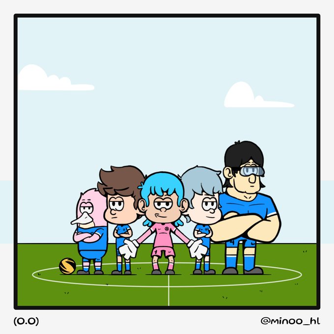 A cartoon illustration by @minoo_hl showing five chibi-style characters (four boys and one pink creature) posing as a soccer team on a green field with a soccer ball.