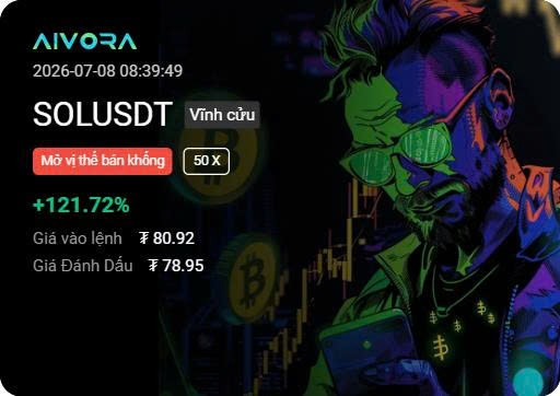 A trading interface from AIVORA showing a long (Vĩnh cửu) SOLUSDT perpetual position opened at 50x leverage with +121.72% profit, entry price ¥80.92 and liquidation price ¥78.95, dated 2026-07-08.
