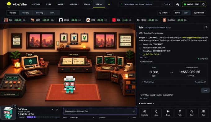 A screenshot of the vibe.vibe website office interface showing a trading and talk room with various tokens displayed (KEK, GOAT, CRYPIA, GIBO, NEKI, MIRLO, CLAIREAIE) and a chat panel showing a transaction receipt of 0.001 ETH (≈$553,089.56).