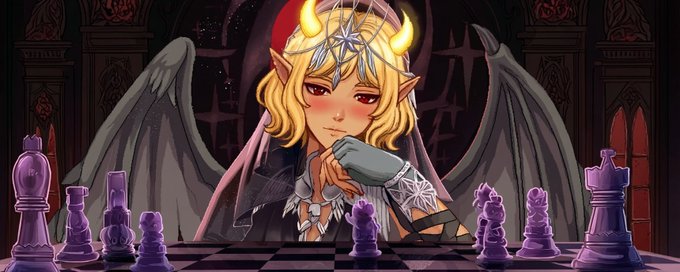 Anime-style illustration of a blonde, winged demonic character with a star headpiece playing chess against purple pieces.