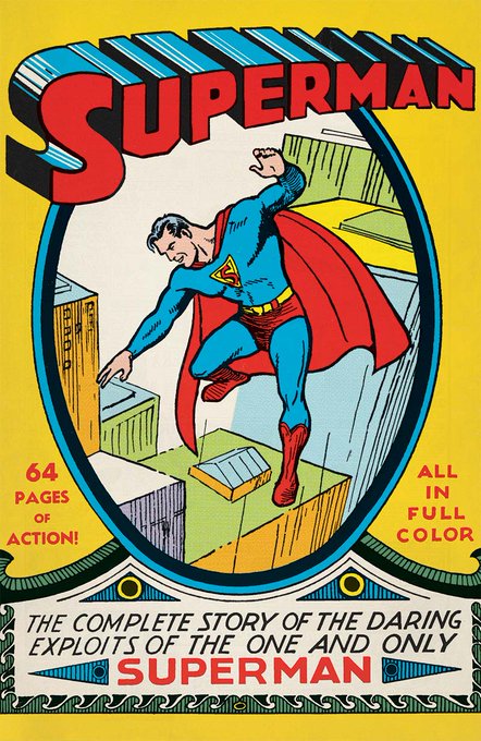 Vintage-style comic book cover titled 'SUPERMAN' advertising '64 PAGES OF ACTION!' and 'ALL IN FULL COLOR' with the tagline 'THE COMPLETE STORY OF THE DARING EXPLOITS OF THE ONE AND ONLY SUPERMAN.'