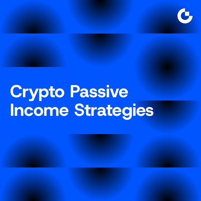 The image is a promotional banner featuring a blue gradient background with dark circular gradient patterns, displaying the white text "Crypto Passive Income Strategies" alongside the "G" logo of Gate.com. The design directly aligns with the post's focus on educating users about methods like staking, stablecoin yields, and crypto lending for earning passive income in the crypto space.