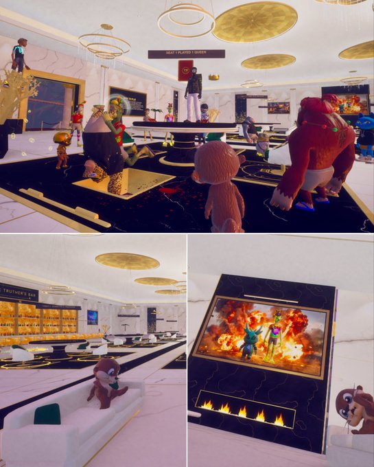 A collage of three screenshots from a 3D virtual world shows various player avatars exploring a stylish virtual lounge with marble floors, golden ceiling discs, a bar area, and a wall-mounted TV displaying animated content.