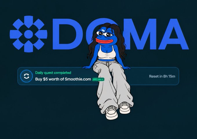 A cartoon-style illustration features a blue character with long dark hair wearing a white top and baggy pants, displayed alongside the 'DOMA' logo and a 'Daily quest completed' notification for 'Buy $5 worth of Smoothie.com' with a 'Reset in 8h 15m' timer.