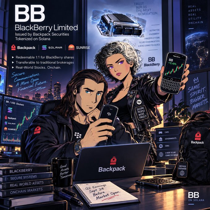 A stylized anime-style illustration depicts two traders—a man with long dark hair and a woman with curly gray hair—working at a desk with a laptop displaying "Backpack" and the woman holding a BlackBerry phone showing a "+12.48%" gain on BB, set against a backdrop featuring "BlackBerry Limited," "BB on Solana," "Issued by Backpack Securities," and text like "Real World Stocks. Onchain" and "Earnings Sept 24 Before Open," visually promoting the tokenization of BlackBerry shares on the Solana blockchain for 24/7 trading.