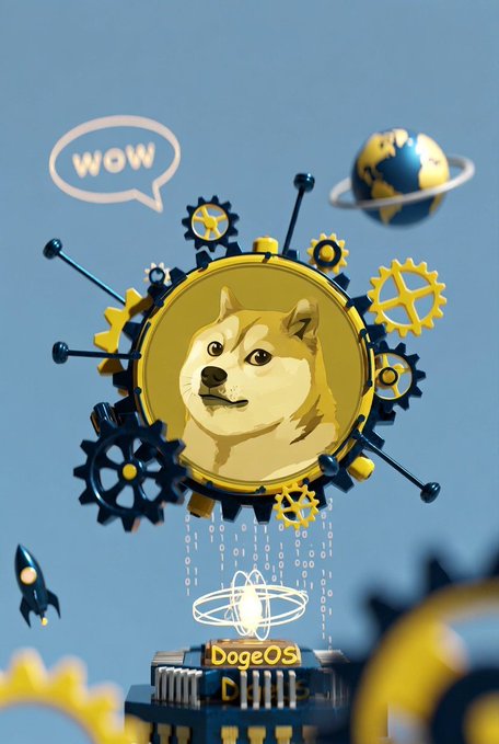 A stylized 3D illustration of the Dogecoin Shiba Inu dog surrounded by golden and black gears, with a 'WOW' speech bubble and a 'DogeOS' circuit board labeled below.