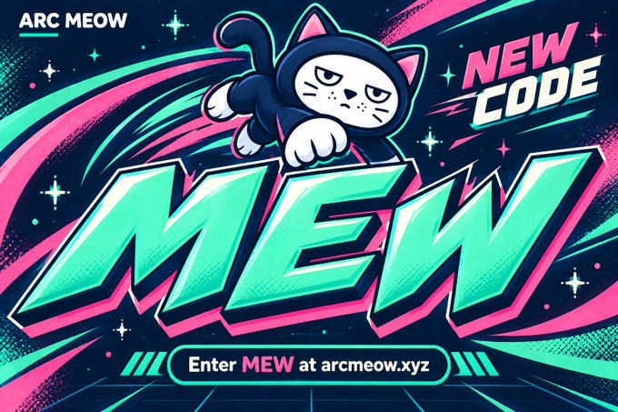 A cartoon cat in a blue hoodie leaps above bold neon "MEW" lettering, with "ARC MEOW" and "NEW CODE" branding and the prompt "Enter MEW at arcmeow.xyz" displayed on a retro-futuristic grid background—directly visualizing the post's call to action to claim a whitelist spot.
