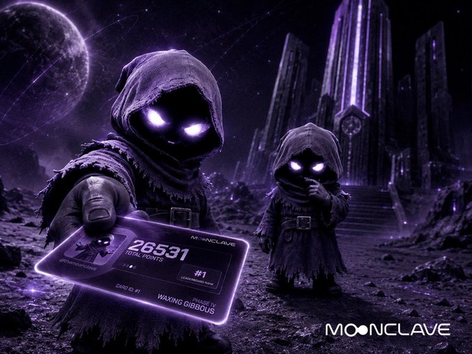 A dark, purple-toned fantasy promotional image featuring two hooded figures with glowing purple eyes, with one holding a holographic 'MOONCLAVE' card showing '26531 TOTAL POINTS' and 'WAXING GIBBOUS'.