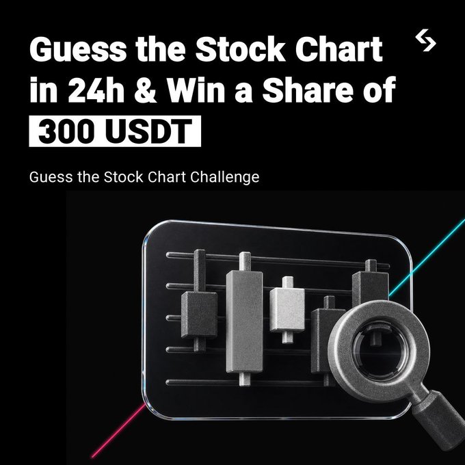 A promotional graphic with text 'Guess the Stock Chart in 24h & Win a Share of 300 USDT' alongside an image of candlestick charts and a magnifying glass.
