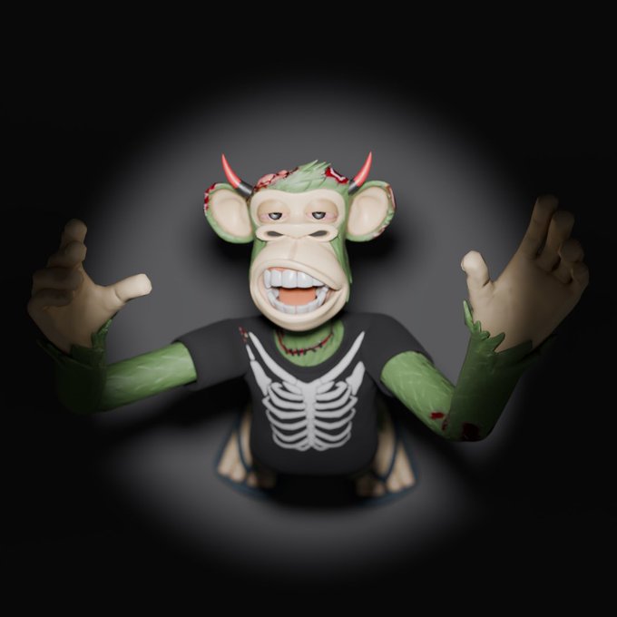 A 3D-rendered cartoon monkey character with green fur, red horns, and a skeleton-print black t-shirt grins with its hands raised against a dark background.