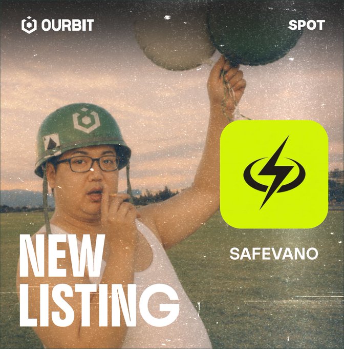 A promotional graphic from Ourbit announces a "NEW LISTING" for the SAFEVANO token on its Spot trading platform. The image features a young man in a green helmet holding balloons in a field, alongside the Safevano logo, visually tying into the announcement of deposits and Spot trading now being live for $SAFEVANO.