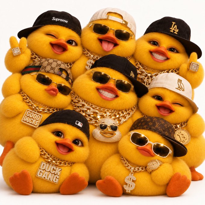 A group of fluffy yellow duck plushies dressed in hip-hop fashion—sporting Supreme, LA Dodgers, and Louis Vuitton caps, gold chains, sunglasses, and chains with "DUCK GANG" and "GOOD DUCKS" pendants. The image humorously visualizes the "multi-wallet" crypto lifestyle, portraying each duck as a separate wallet "pioneer" ready to conquer the charts.