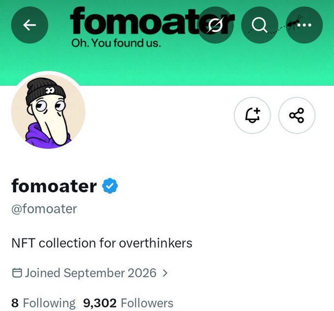 A Twitter profile page for fomoater (@fomoater), described as an 'NFT collection for overthinkers,' with the banner reading 'Oh. You found us.' and showing 9,302 followers.