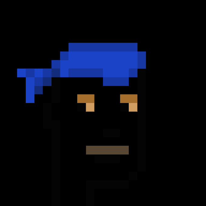 A pixel art character portrait showing a dark-skinned figure with glowing orange eyes wearing a blue bandana against a black background.