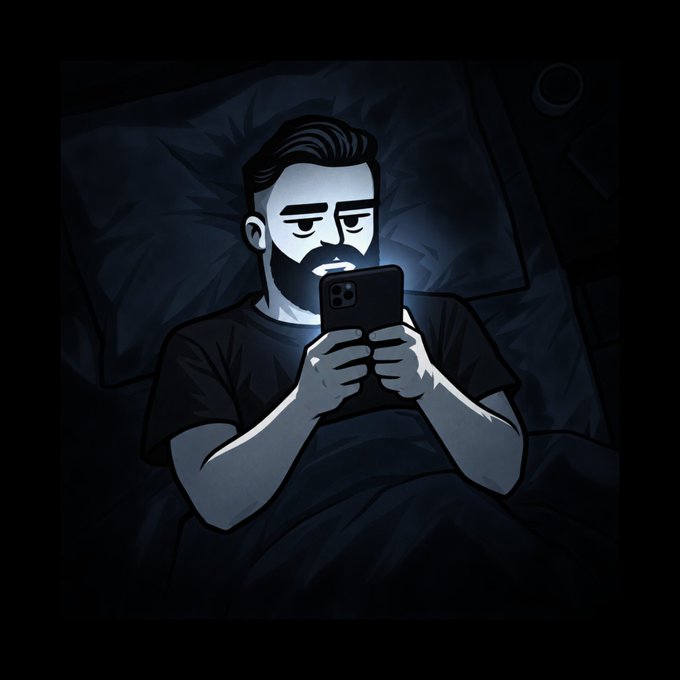 An illustrated portrait shows a bearded man lying in bed, illuminated only by the glow of his smartphone screen in a dark room.