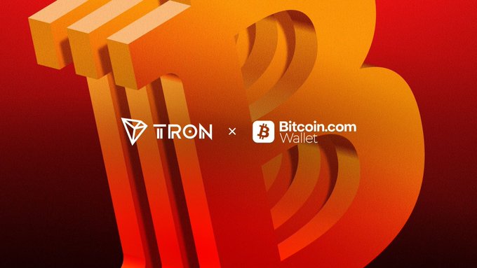 A promotional graphic featuring the TRON and Bitcoin.com Wallet logos against a large 3D Bitcoin symbol on a red and orange background.