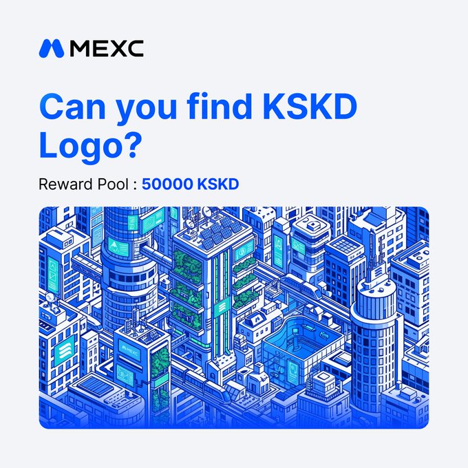 The image features a cityscape with buildings of various sizes, including skyscrapers that dominate the scene. The text "Can you find KSKD Logo?" is displayed above the image, along with an invitation for users to enter their answer to win a reward pool of 50,000 KSKD. The post also mentions that the reward pool is related to the MEXC logo and encourages users to follow @MEXC_PAK & @AppKaskad to participate in the giveaway.
