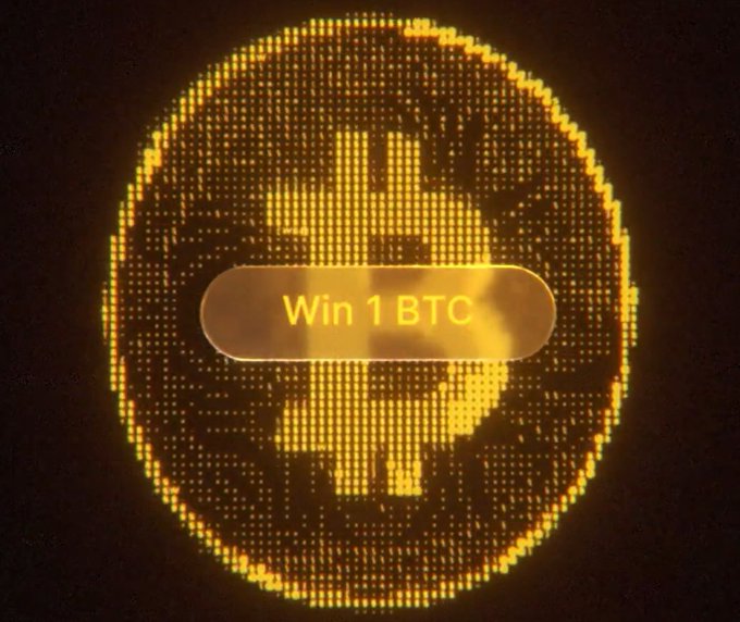 A glowing orange pixelated Bitcoin logo with a 'Win 1 BTC' button overlaid in the center.