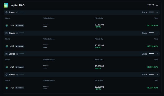 A dashboard interface for 'Jupiter DAO' displaying multiple 'Staked' entries with the asset 'JUP' marked as 'Locked', priced at '$0.33396' with a '+0.91%' change and '18.72% APY' yield.