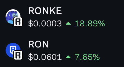 Cryptocurrency price tickers showing RONKE at $0.0003 (up 18.89%) and RON at $0.0601 (up 7.65%) against a dark background.