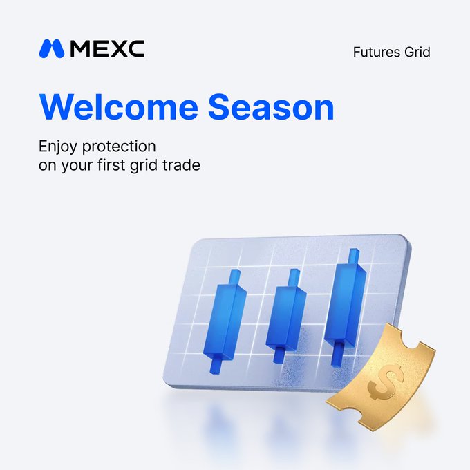 The image shows a gold ticket that has "Welcome Season" written on it along with blue candles underneath. The tickets appear to be from a Futures Grid, offering protection against potential losses when trading. The text suggests that users can benefit from up to 10 dollars' worth of safety net coverage if they experience a loss in their first trade using the grid.