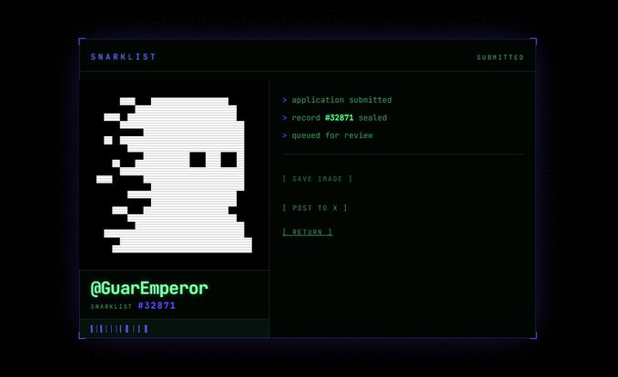 A retro pixel-art interface displays "SNARKLIST" with a glitching ghost-like sprite for "@GuanEmperor" (Snarklist #32871), showing an "application submitted" status with the record sealed and queued for review, alongside options to save the image, post to X, or return—appearing to be a crypto/ZK-SNARKs themed NFT or project page being shared on X (formerly Twitter).