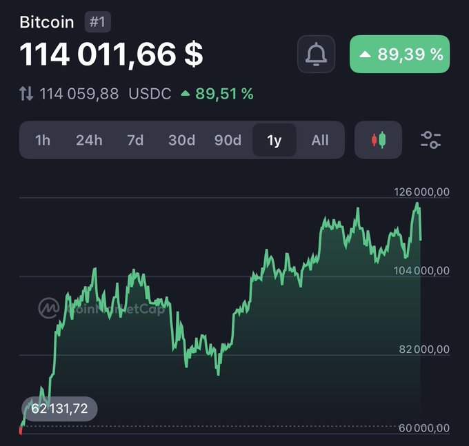 A Bitcoin price chart showing a value of $114,011.66 with an 89.39% increase over 1 year.