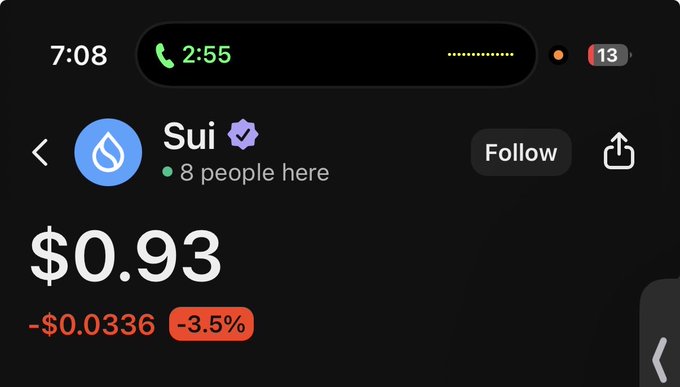 The image shows a phone screen with a message from Sui, a person's name, displayed at the top of the screen. The text indicates that Sui has sent money through the network. The message also mentions that there are currently 8 people using the network and that the current number is 8. Additionally, it says that the network is down for Solana users.