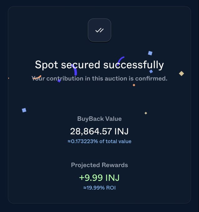 A dark confirmation screen reads “Spot secured successfully” and “Your contribution in this auction is confirmed,” listing a BuyBack Value of 28,864.57 INJ, about 0.173223% of total value, and Projected Rewards of +9.99 INJ at about 19.99% ROI.