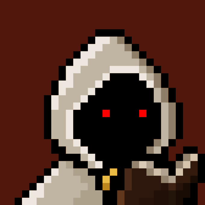 A pixel art image depicts a hooded figure with a black face and glowing red eyes, wearing brown and beige robes against a dark red background.