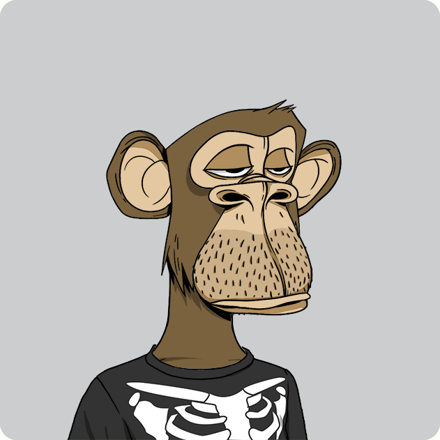 A brown cartoon ape with a stubble beard wearing a black t-shirt with a white skeleton design, looking sideways against a gray background.