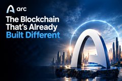 A digital graphic showing a futuristic cityscape with a glowing archway, featuring the text 'Aarc' and 'The Blockchain That's Already Built Different.'