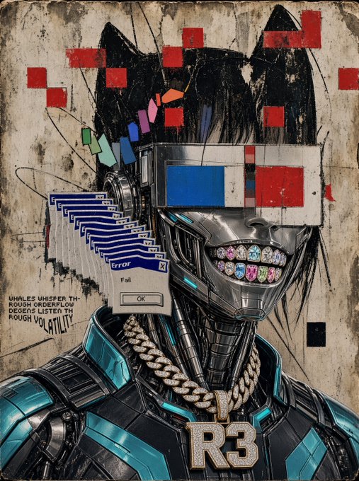 A gritty, cyberpunk-style robot character with cat ears wears oversized 3D glasses and a diamond-studded grill, surrounded by cascading Windows "Error" dialog boxes, with a diamond "R3" chain pendant and handwritten text reading "WHALES WHISPER THROUGH ORDERFLOW DEGENS LISTEN TH ROUGH VOLATILITY." The image satirizes crypto "order flow" trading culture under the "BAGPROTOCOL" branding of @R3ORDR.