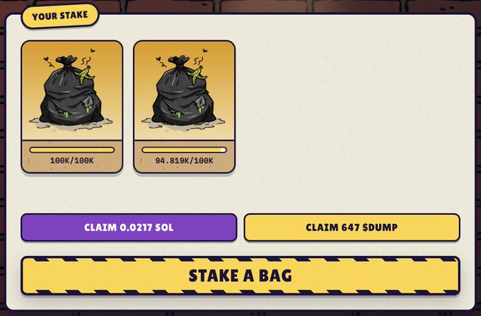 A digital interface showing a 'YOUR STAKE' section with two garbage bags, claiming options for '0.0217 SOL' and '647 $DUMP', and a 'STAKE A BAG' button.