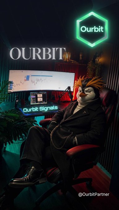 Ourbit promotional poster featuring a penguin mascot in a suit and sunglasses sitting in a gaming chair, with 'Ourbit Signals' displayed on a monitor in the background.